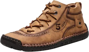 Mens Leather Shoe Slippers Fashion Summer and Autumn Men Leather Shoes Flat Soft Bottom Comfortable Mid Top Lace Up Casual Leather Tennis Shoes (Brown, 9)
