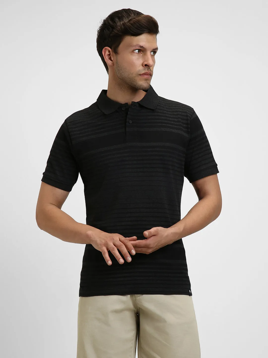 Men's Spread Collar Regular Fit Y/D Stripes Black T-Shirt