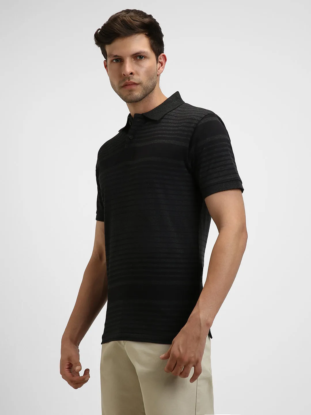 Men's Spread Collar Regular Fit Y/D Stripes Black T-Shirt