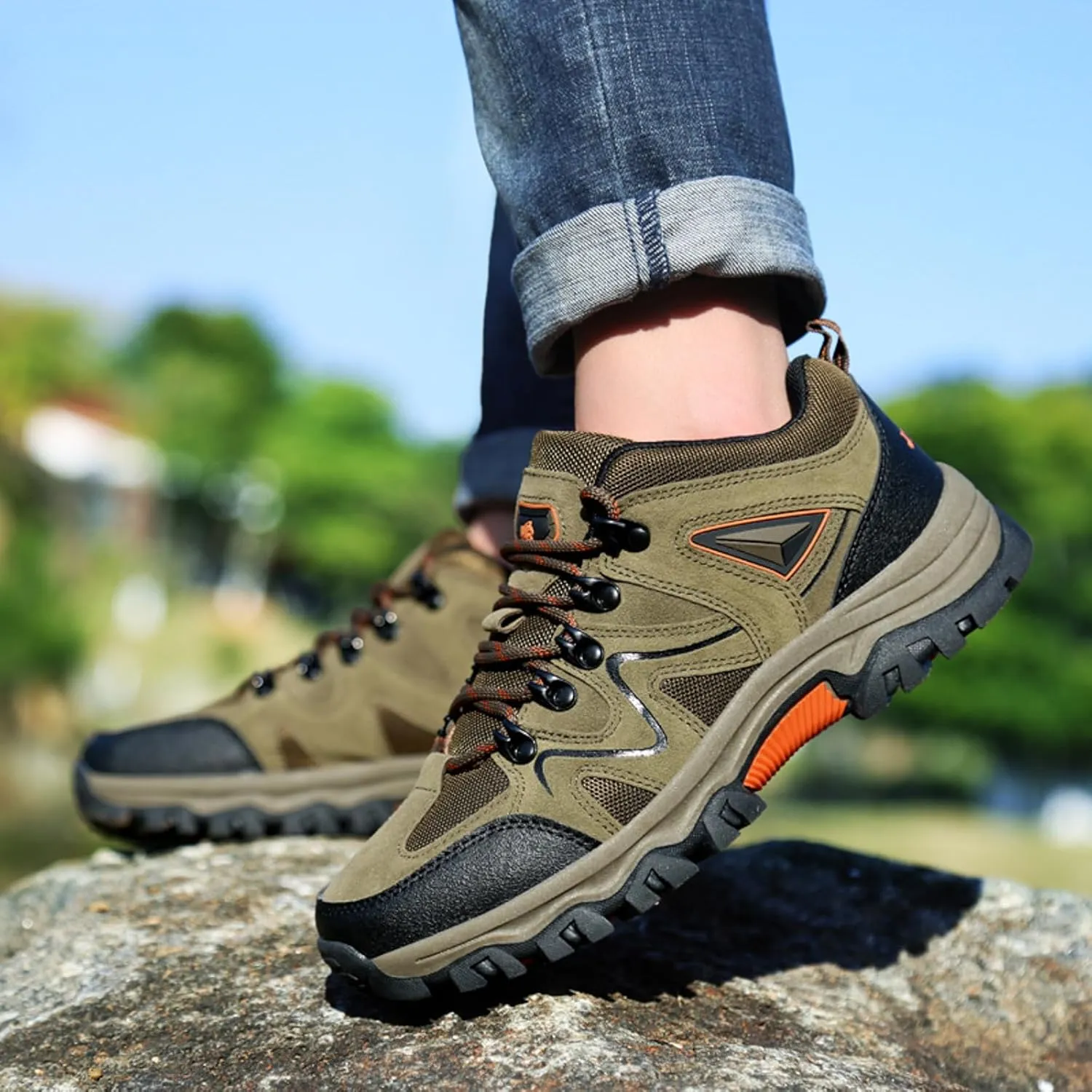 Men's Waterproof Hiking Shoes Comfortable Lightweight Non Slip Outdoor Ankle Boots Breathable Mesh Hike Trekking Climbing Shoes with Arch Support for Men Daily Walking Workout