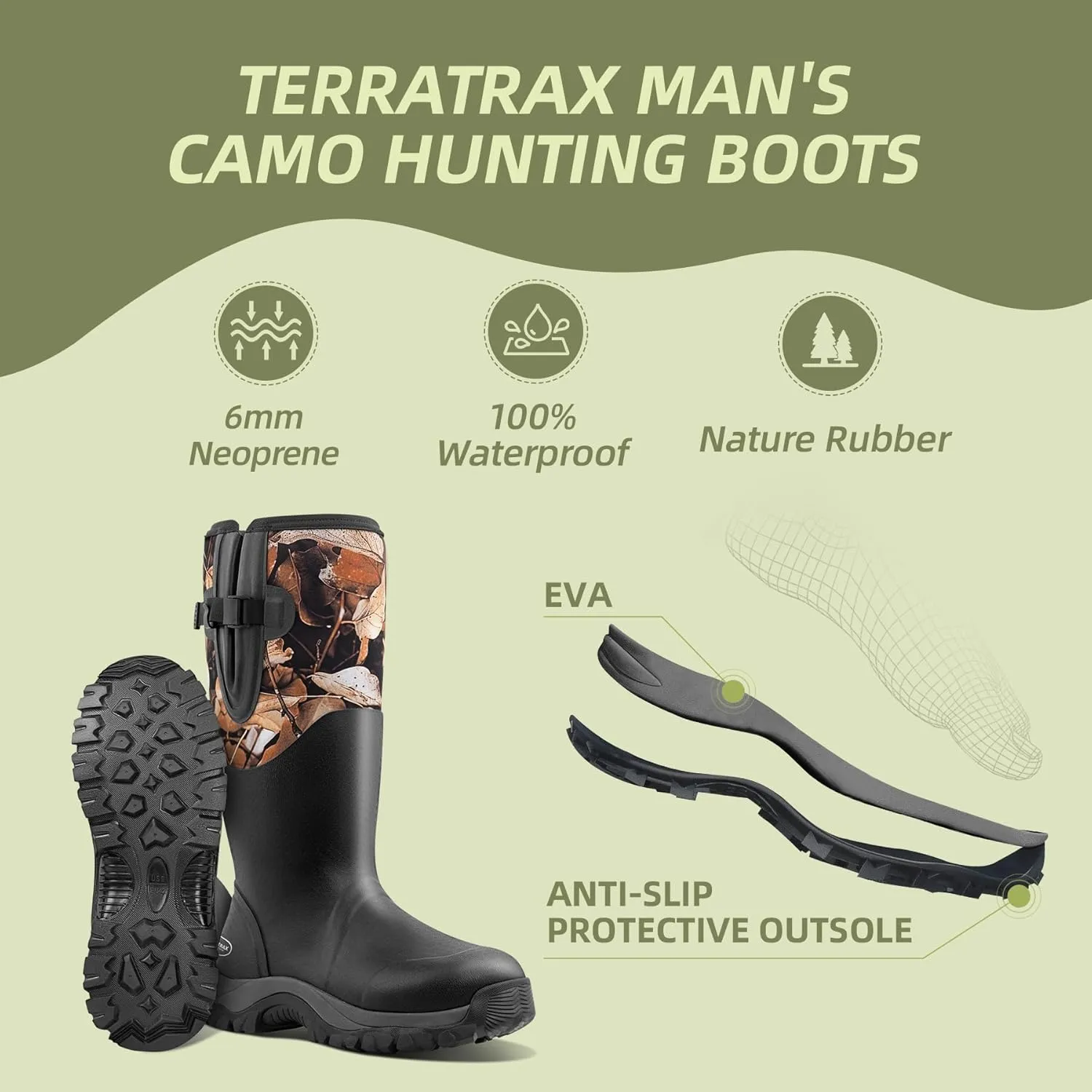 Men's Waterproof Insulated Rubber Hunting Boots  6mm Neoprene Rain Boots for Outdoor Work, Fishing, Farming & Gardening