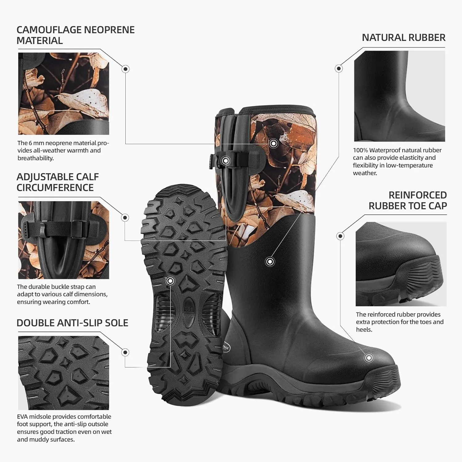 Men's Waterproof Insulated Rubber Hunting Boots  6mm Neoprene Rain Boots for Outdoor Work, Fishing, Farming & Gardening