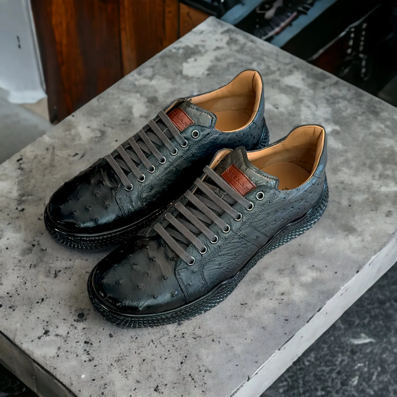 Mezlan 4970-S Men's Shoes Gray Exotic Ostrich-Skin Sneakers (MZ3672)