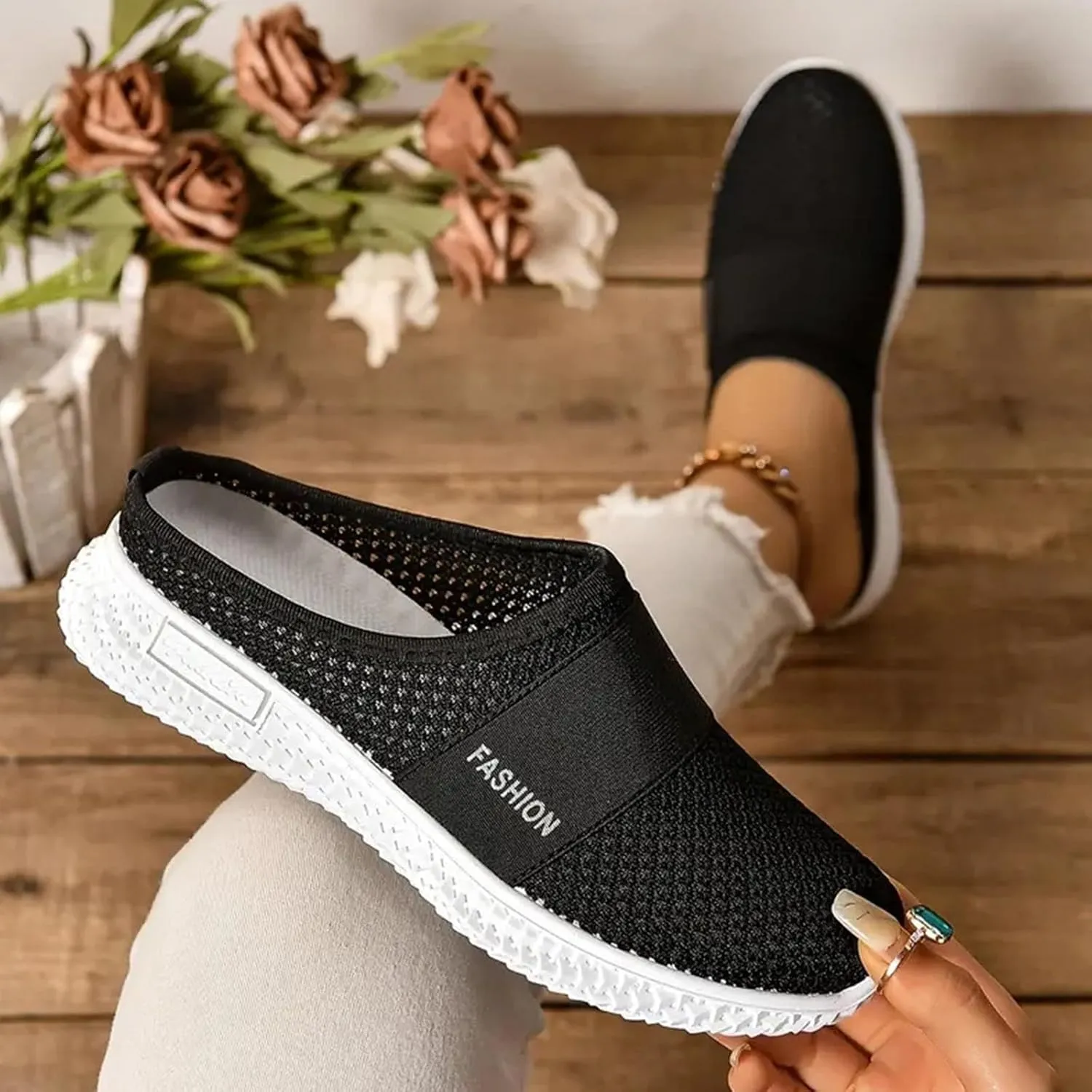 Mmoneyake Slip On Mules for Women Lightweight Open Back Shoes Comfort Walking Shoes Breathable Slippers Closed Toe Slides Backless Low Wedge Slip On Shoe Garden Clogs Shoe