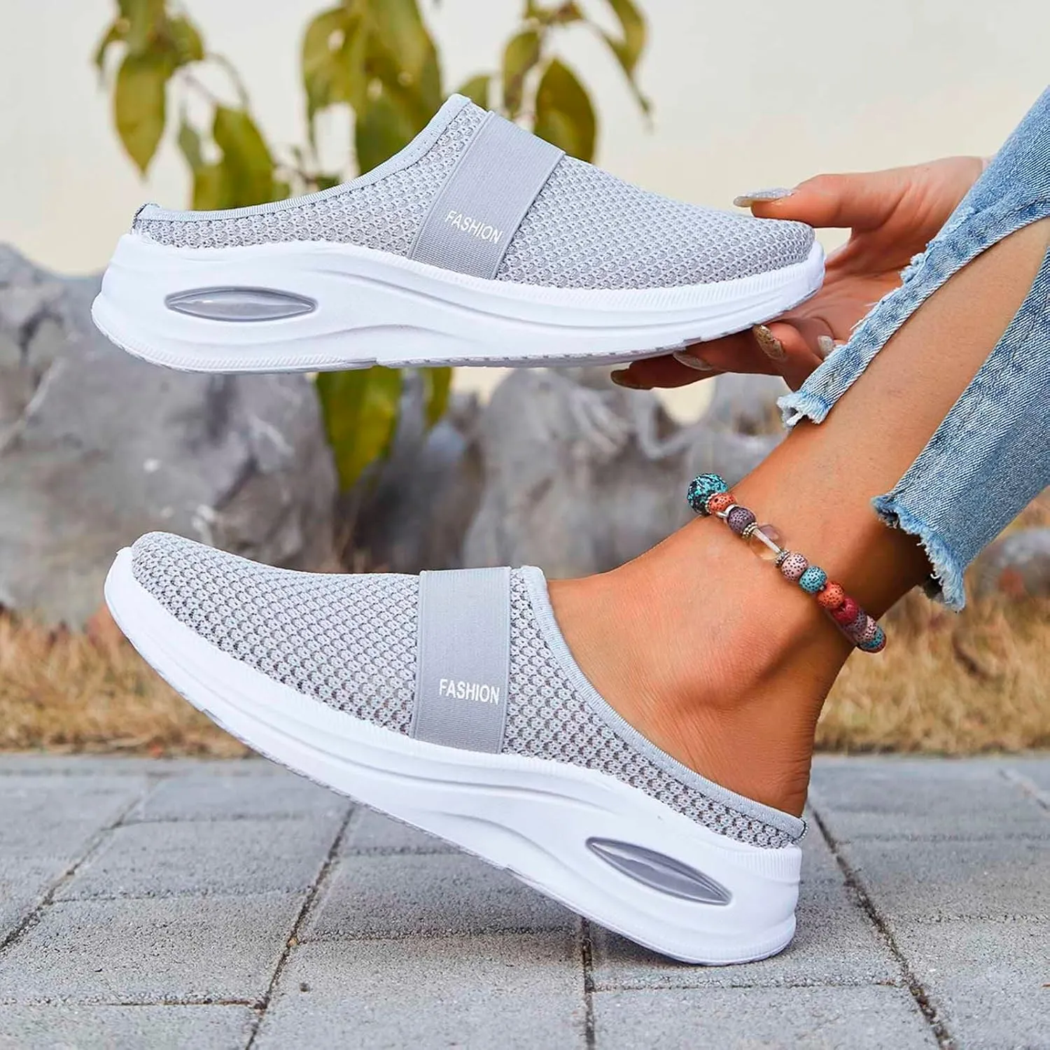 Mules for Women 2025 Slip on Mesh Air Cushion Mule Sneakers Breathable Orthopedic Walking Shoes with Arch Support