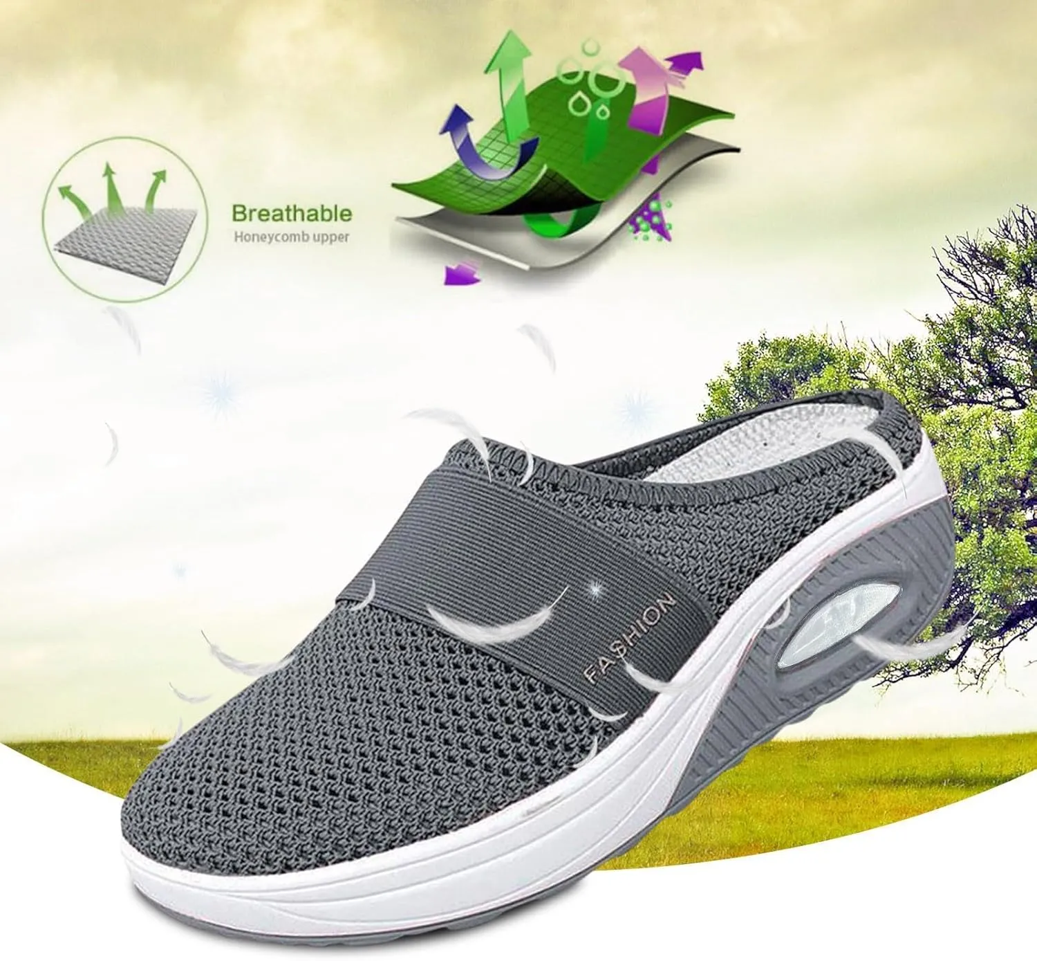 Mules for Women 2025,Orthopedic Walking Shoes with Arch-Support Breathable Mesh Walking Mules Slippers Backless Sneakers with Air Cushion Summer Closed Toe Slip on Shoes