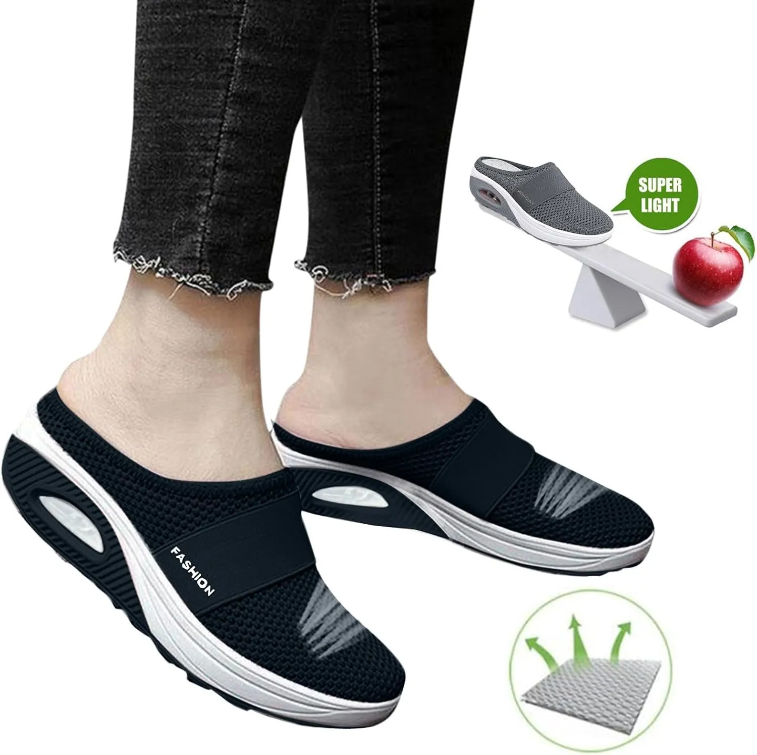 Mules for Women Mesh Backless Slip on Mule Shoes Air Cushion Orthopedic Walking Shoes Slippers with Arch Support