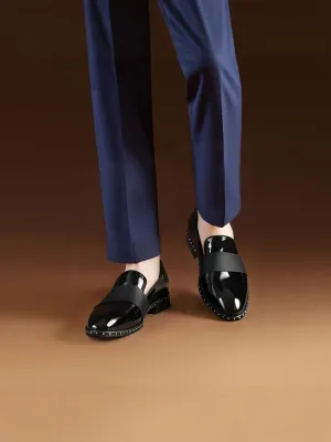 New British luxury brand black patent leather horizontal strap men's loafers trendy European and American low-top shoes banquet shoes