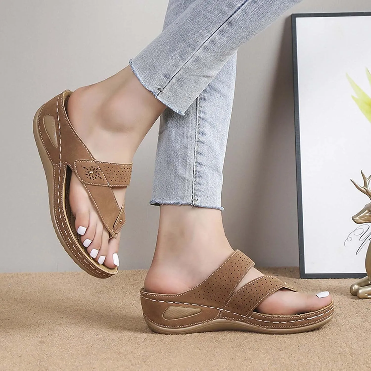 oiangi Wedge Sandals for Women 2023 Summer Slip on Orthopedic Sandals with Arch Support Thong Straps Clip Toe Flip Flops Comfortable Ladies Casual Shoes