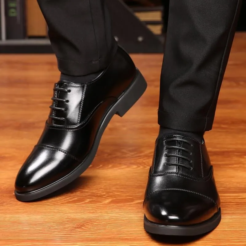 Oxford Shoes for Men Lace Up Round Toe Vegan Leather Cap Toe Oxford Shoes Slip Resistant Anti-Slip Non Slip Low Top Business