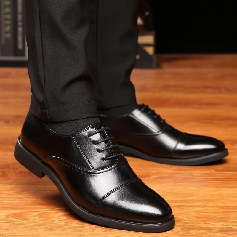 Oxford Shoes for Men Lace Up Round Toe Vegan Leather Cap Toe Oxford Shoes Slip Resistant Anti-Slip Non Slip Low Top Business