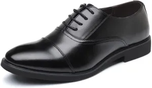 Oxford Shoes for Men Lace Up Round Toe Vegan Leather Cap Toe Oxford Shoes Slip Resistant Anti-Slip Non Slip Low Top Business