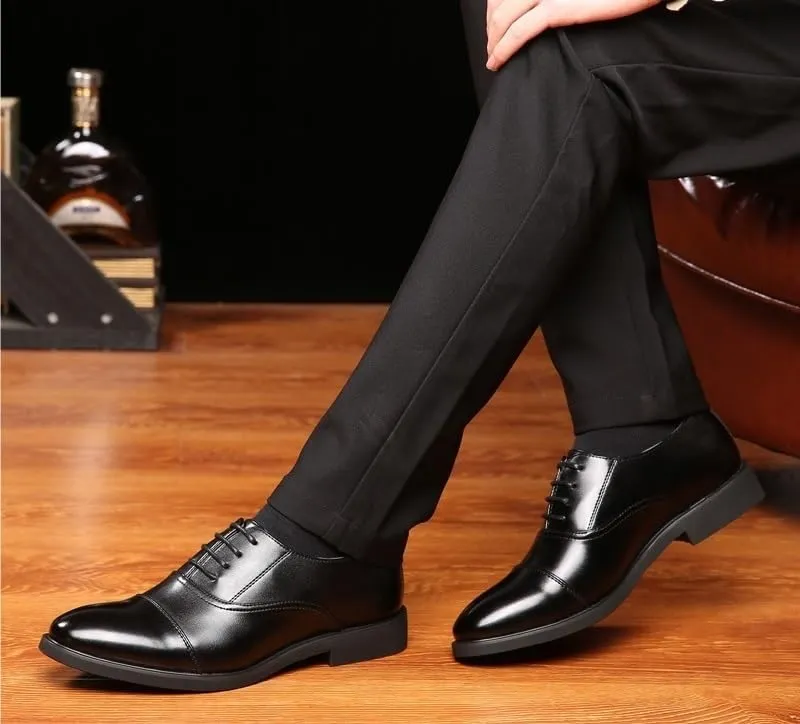 Oxford Shoes for Men Lace Up Round Toe Vegan Leather Cap Toe Oxford Shoes Slip Resistant Anti-Slip Non Slip Low Top Business