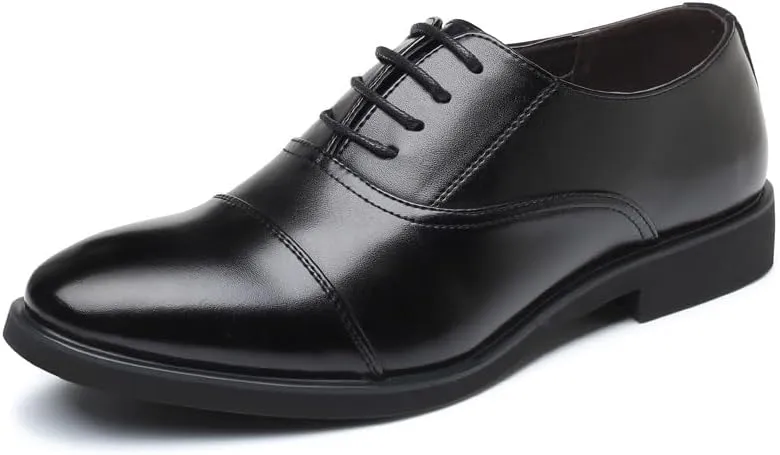 Oxford Shoes for Men Lace Up Round Toe Vegan Leather Cap Toe Oxford Shoes Slip Resistant Anti-Slip Non Slip Low Top Business