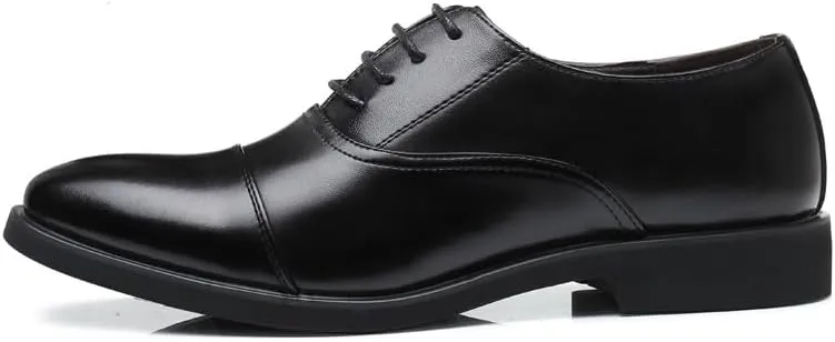 Oxford Shoes for Men Lace Up Round Toe Vegan Leather Cap Toe Oxford Shoes Slip Resistant Anti-Slip Non Slip Low Top Business