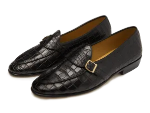 Sagan Buckle Precious Leather Loafers in Obsidian Black Crocodile