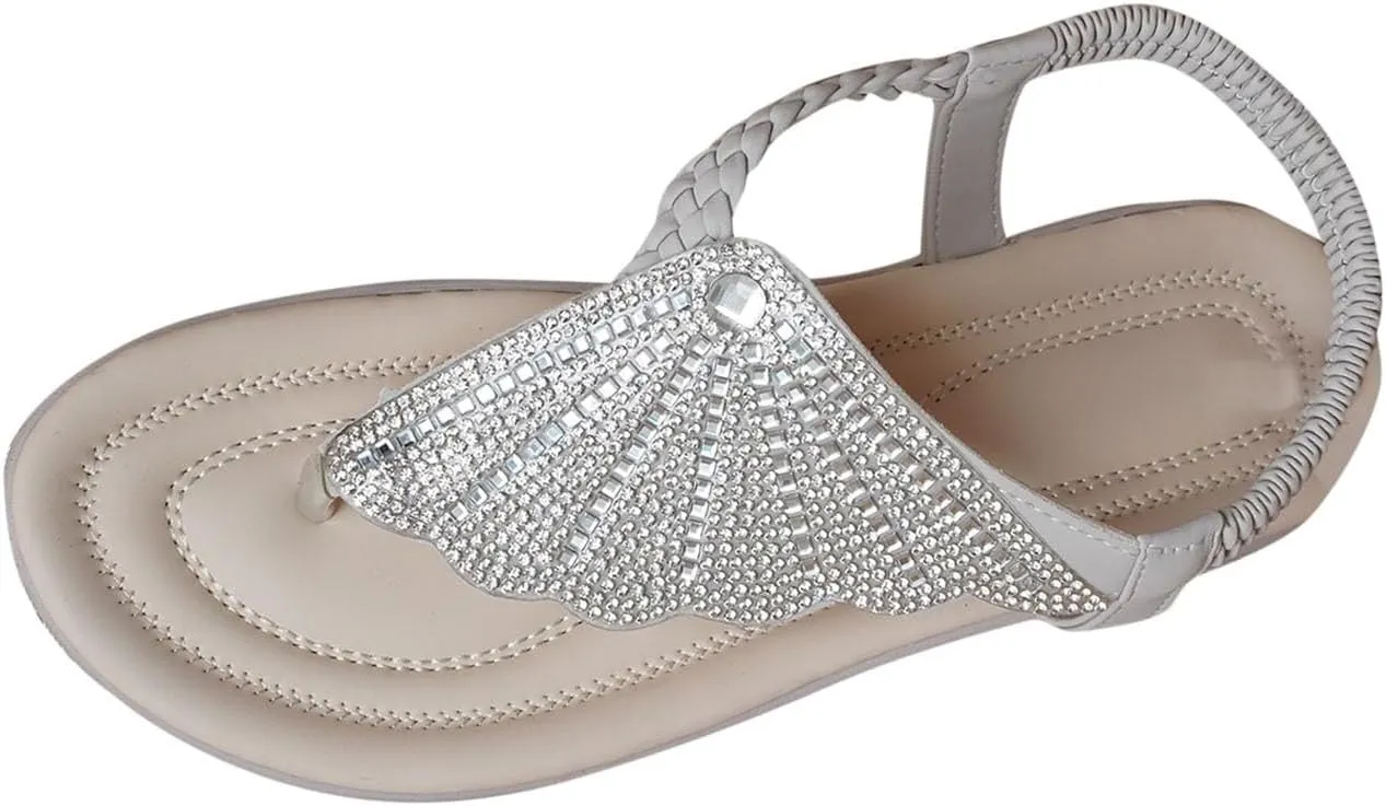 Sandals Womens Dressy Casual Arch Support Ladies Sandals Rhinestone Sparkle Wing Summer T Strap Flat Thong Flip Flop