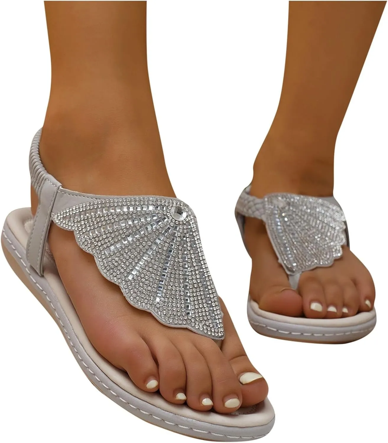 Sandals Womens Dressy Casual Arch Support Ladies Sandals Rhinestone Sparkle Wing Summer T Strap Flat Thong Flip Flop