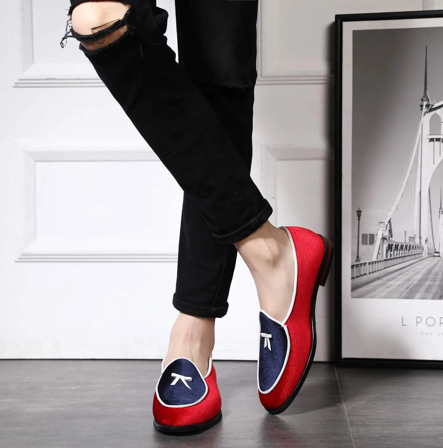 Santimon Boat Shoes Men Penny-Loafers Dress Shoes Smoking-Slippers Casual Bow Velvet Slip-on Flats