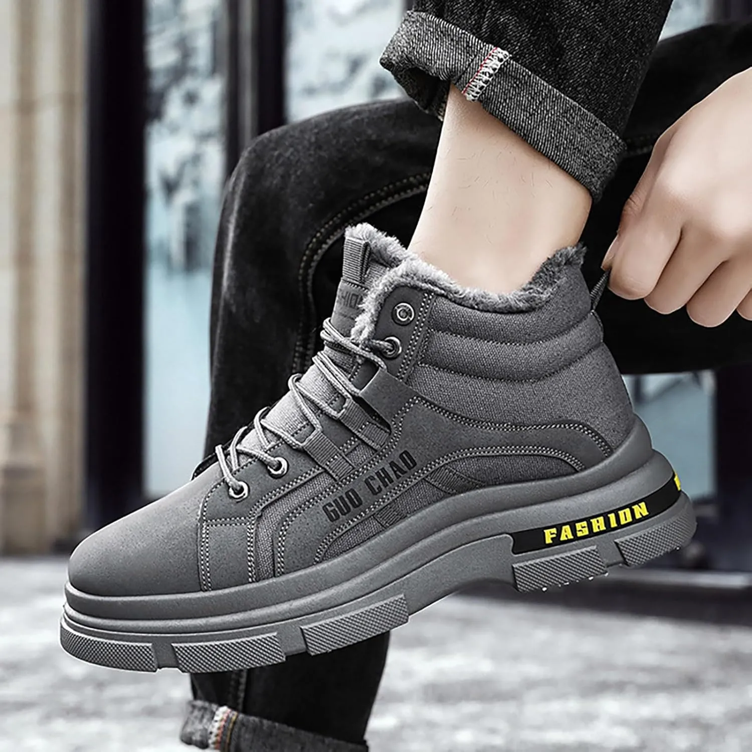 Snow Boots for Men Waterproof Furry Lined Warm Winter Boots Lace Up Cold Weather Anti-Slip Ankle Boots Slip on Athletic Lightweight Hiking Shoes