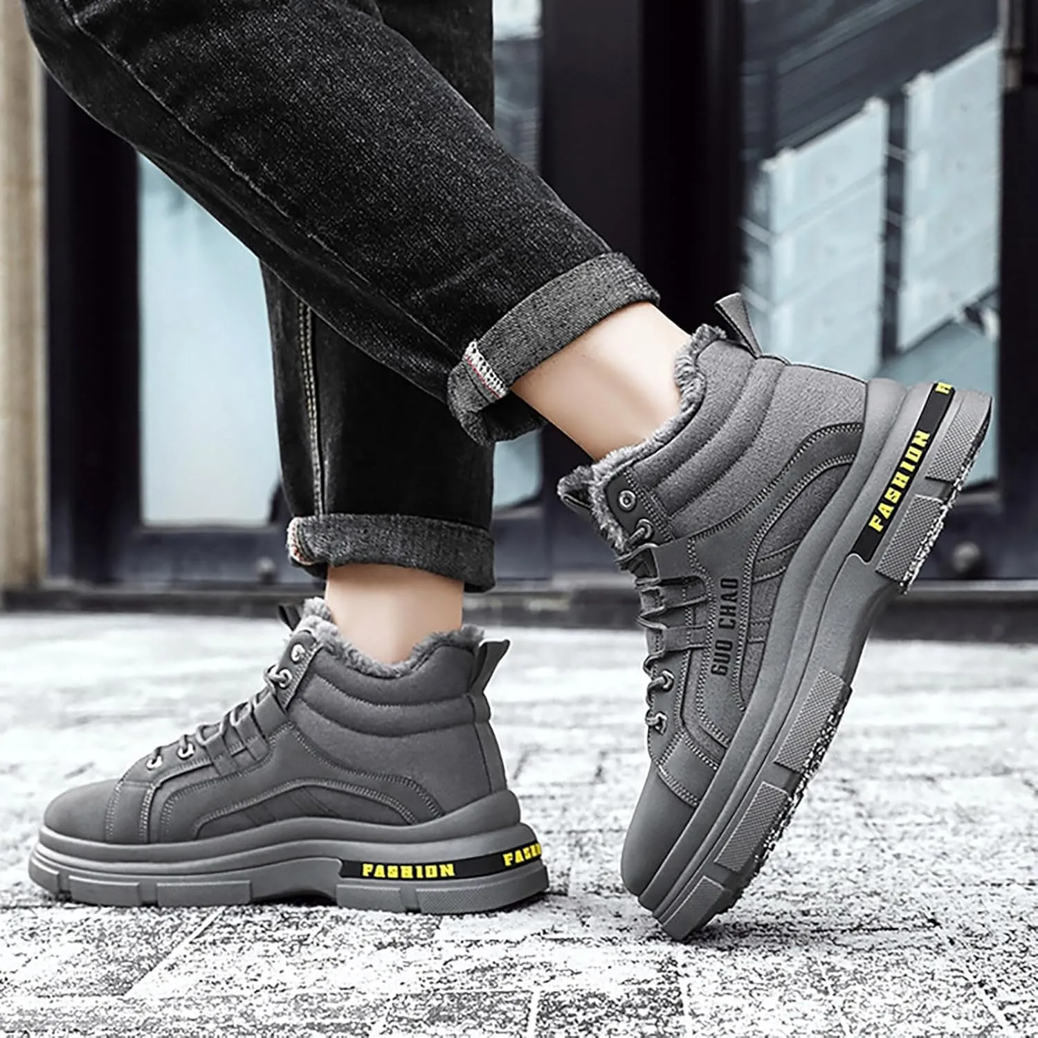 Snow Boots for Men Waterproof Furry Lined Warm Winter Boots Lace Up Cold Weather Anti-Slip Ankle Boots Slip on Athletic Lightweight Hiking Shoes