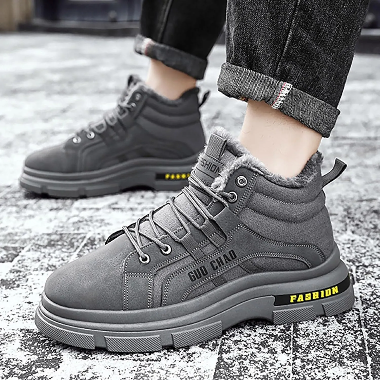 Snow Boots for Men Waterproof Furry Lined Warm Winter Boots Lace Up Cold Weather Anti-Slip Ankle Boots Slip on Athletic Lightweight Hiking Shoes