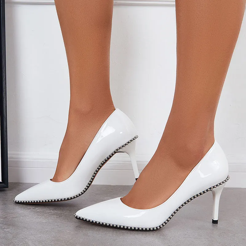Sohiwoo Women Beaded Pumps Pointed Toe High Heel Stilettos Slip on Dress Shoes