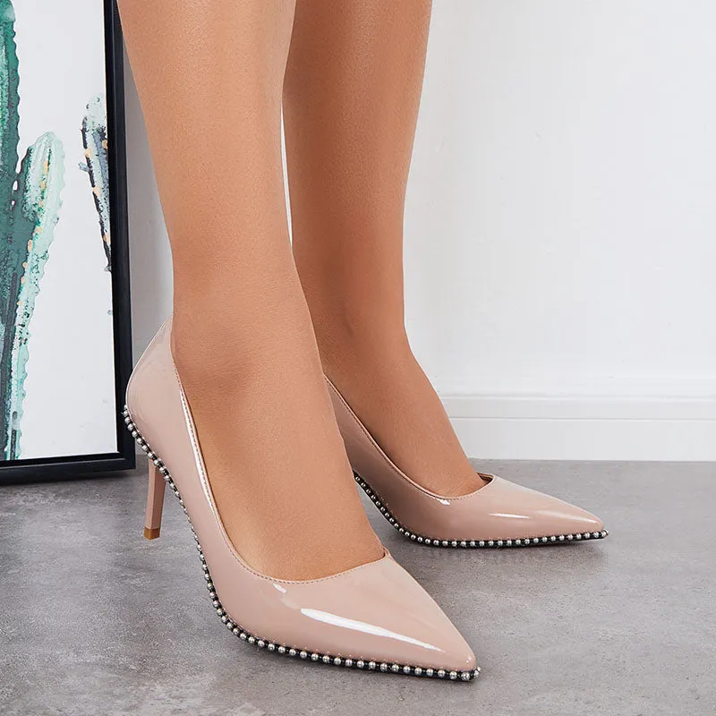 Sohiwoo Women Beaded Pumps Pointed Toe High Heel Stilettos Slip on Dress Shoes