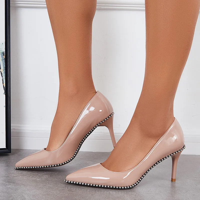 Sohiwoo Women Beaded Pumps Pointed Toe High Heel Stilettos Slip on Dress Shoes