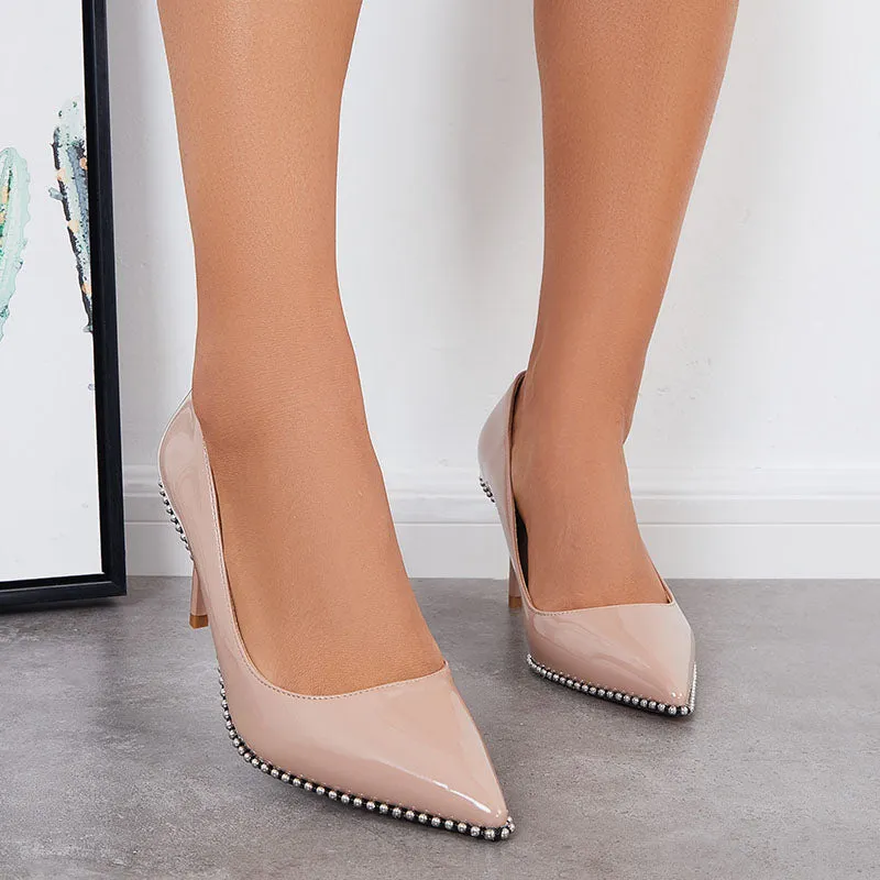 Sohiwoo Women Beaded Pumps Pointed Toe High Heel Stilettos Slip on Dress Shoes