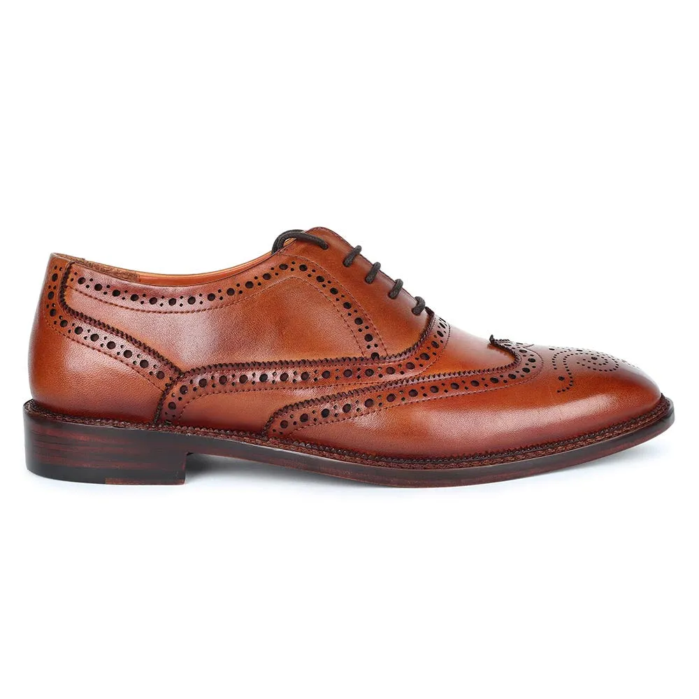 Tan Mirror Glossed Full Brogue Classic Wingtip Oxfords