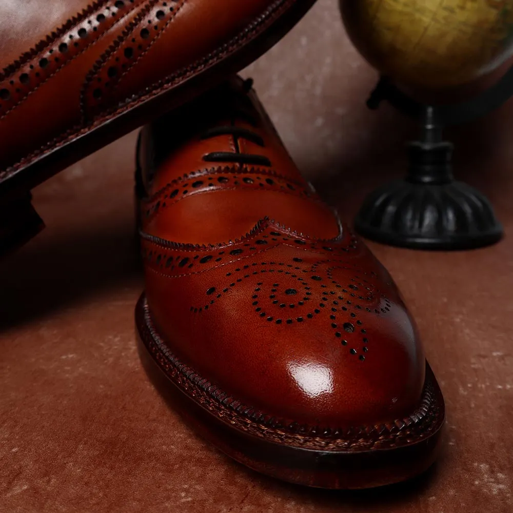 Tan Mirror Glossed Full Brogue Classic Wingtip Oxfords