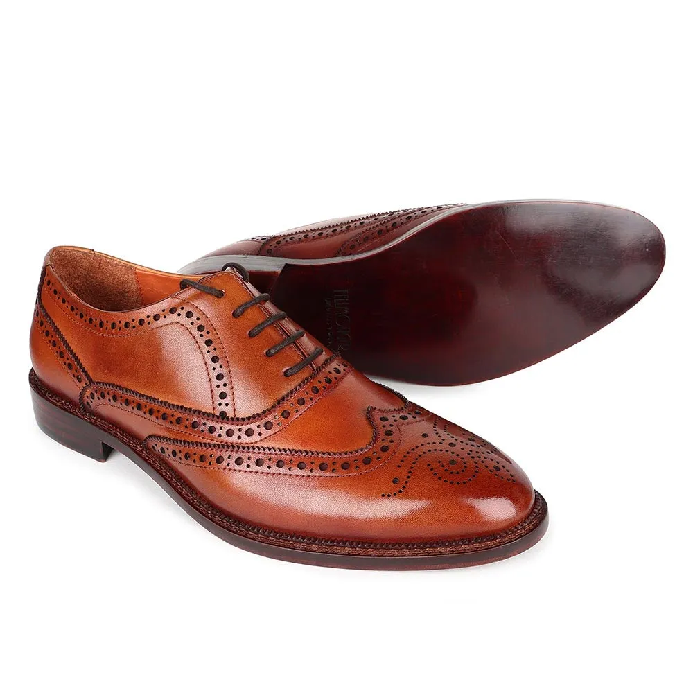 Tan Mirror Glossed Full Brogue Classic Wingtip Oxfords