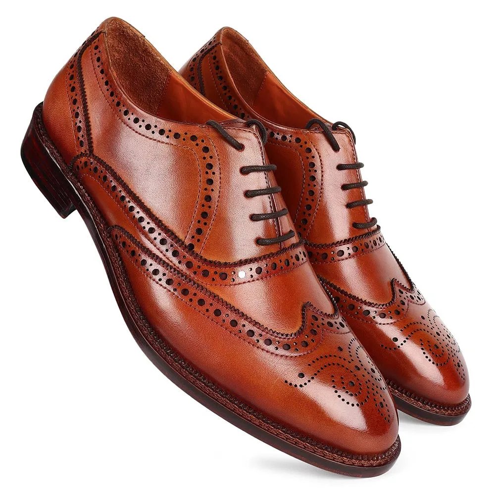 Tan Mirror Glossed Full Brogue Classic Wingtip Oxfords