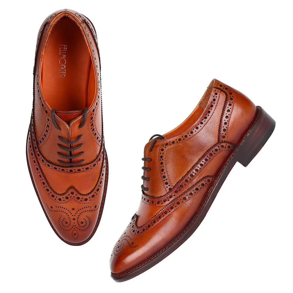 Tan Mirror Glossed Full Brogue Classic Wingtip Oxfords