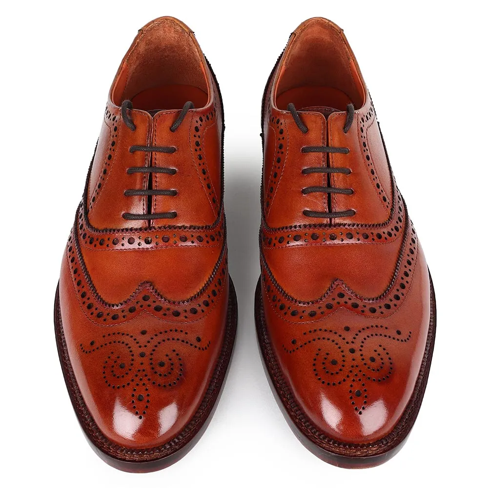 Tan Mirror Glossed Full Brogue Classic Wingtip Oxfords