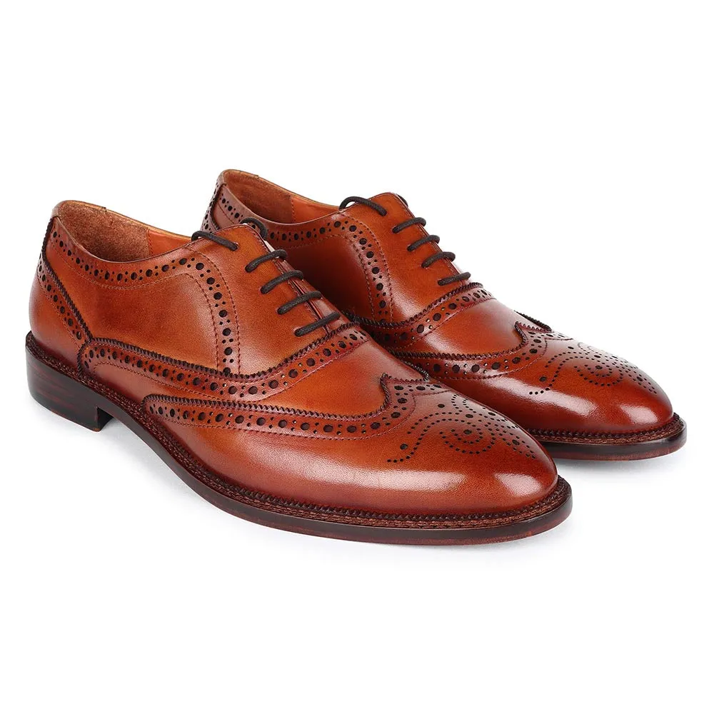Tan Mirror Glossed Full Brogue Classic Wingtip Oxfords