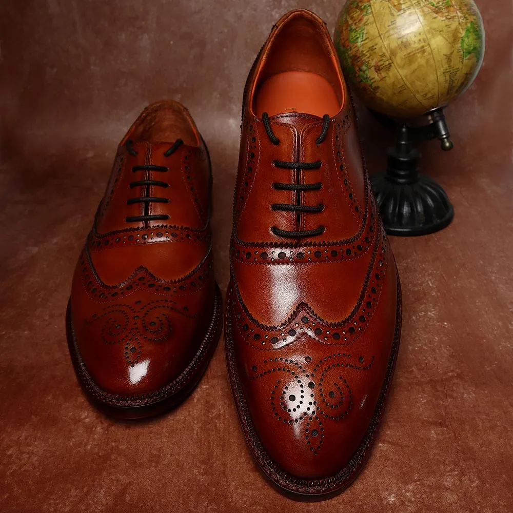 Tan Mirror Glossed Full Brogue Classic Wingtip Oxfords