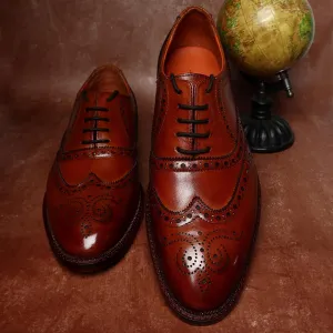 Tan Mirror Glossed Full Brogue Classic Wingtip Oxfords