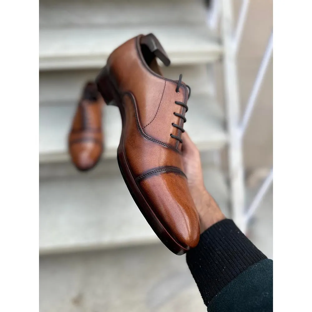 Tan Mirror Glossed Patina Burnished Classic Captoe Oxfords