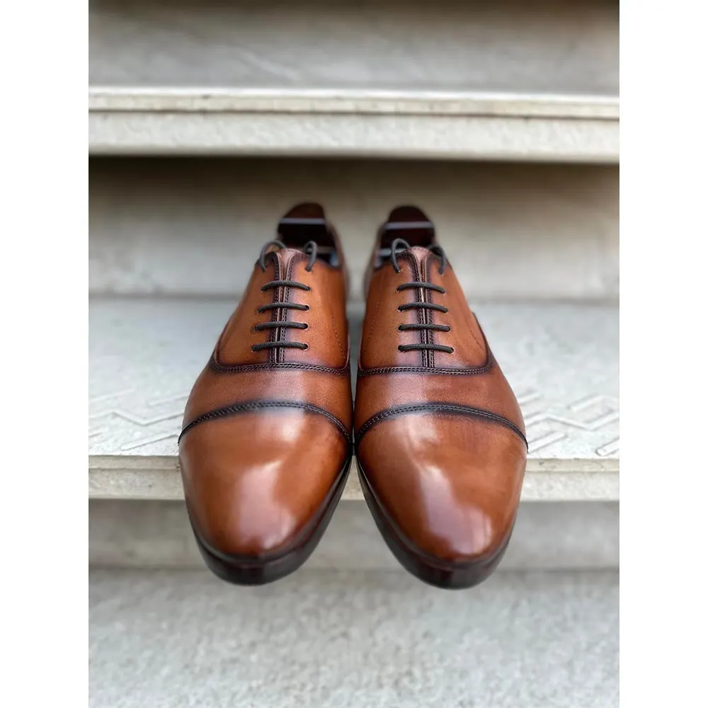 Tan Mirror Glossed Patina Burnished Classic Captoe Oxfords