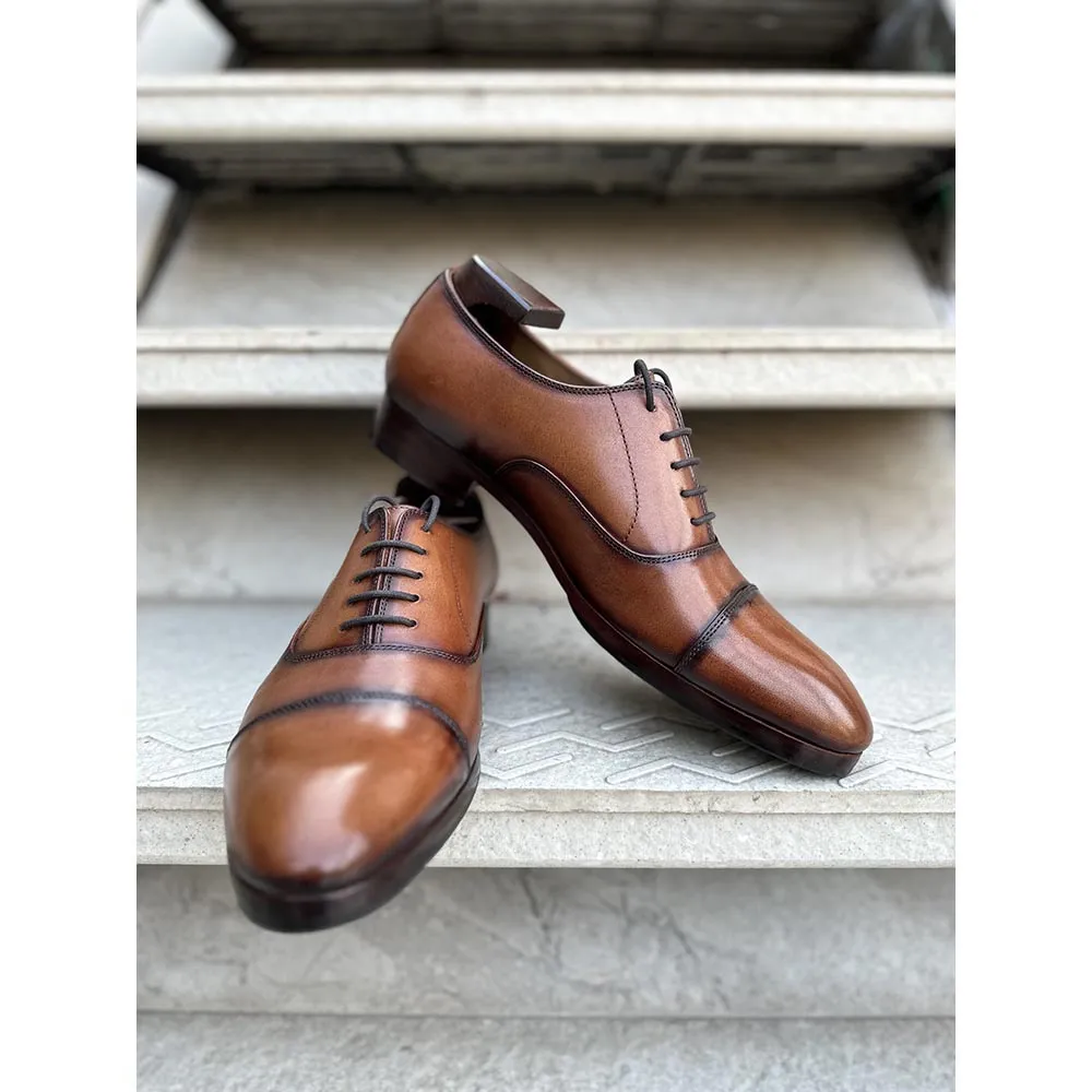 Tan Mirror Glossed Patina Burnished Classic Captoe Oxfords