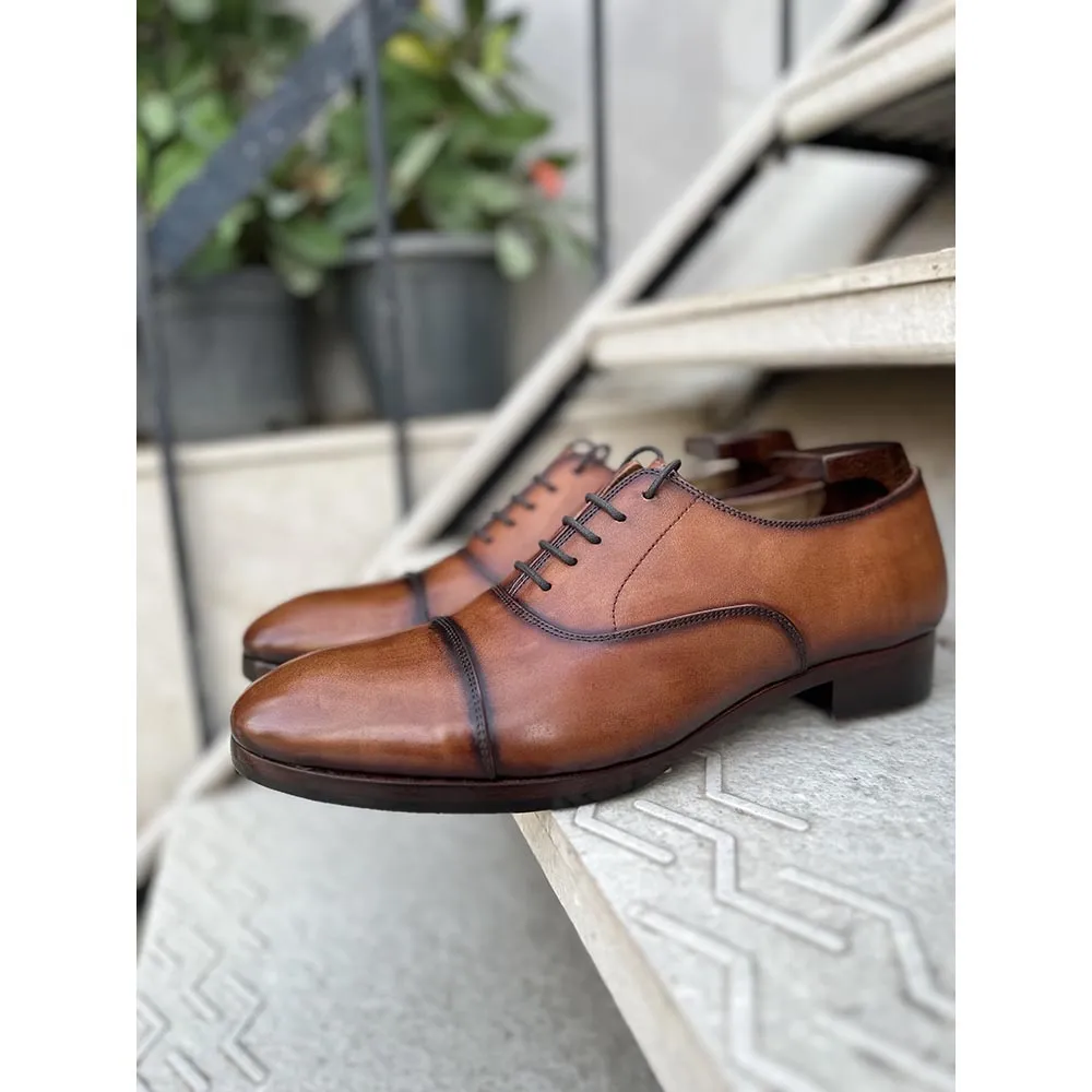 Tan Mirror Glossed Patina Burnished Classic Captoe Oxfords