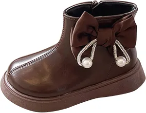 Toddler/Little Girls Sweet Short Ankle Boots Kids Cute Bowknot Water-Proof Side Zipper Low Rain Boots Size 4 Big Kid