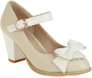 VOKLIN Women's Girls Lolita Ankle Strap Mary Jane Pumps Sweet Bow Platform Block High Heel Oxford Dress Shoes