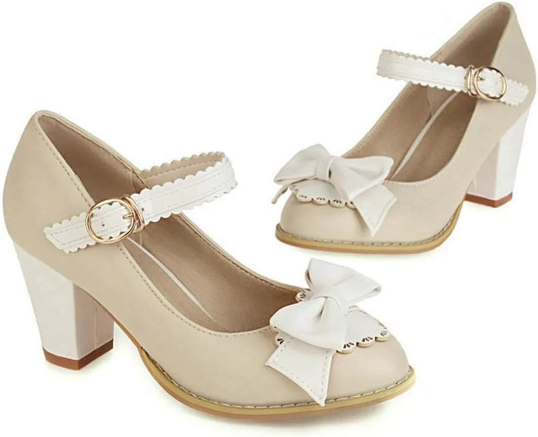 VOKLIN Women's Girls Lolita Ankle Strap Mary Jane Pumps Sweet Bow Platform Block High Heel Oxford Dress Shoes