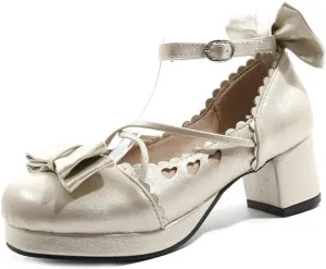 VOKLIN Women's Girls Lolita Mary Jane Pumps Princess Sweet Bow Cross Strap Block Mid Heel Oxford Dress Shoes