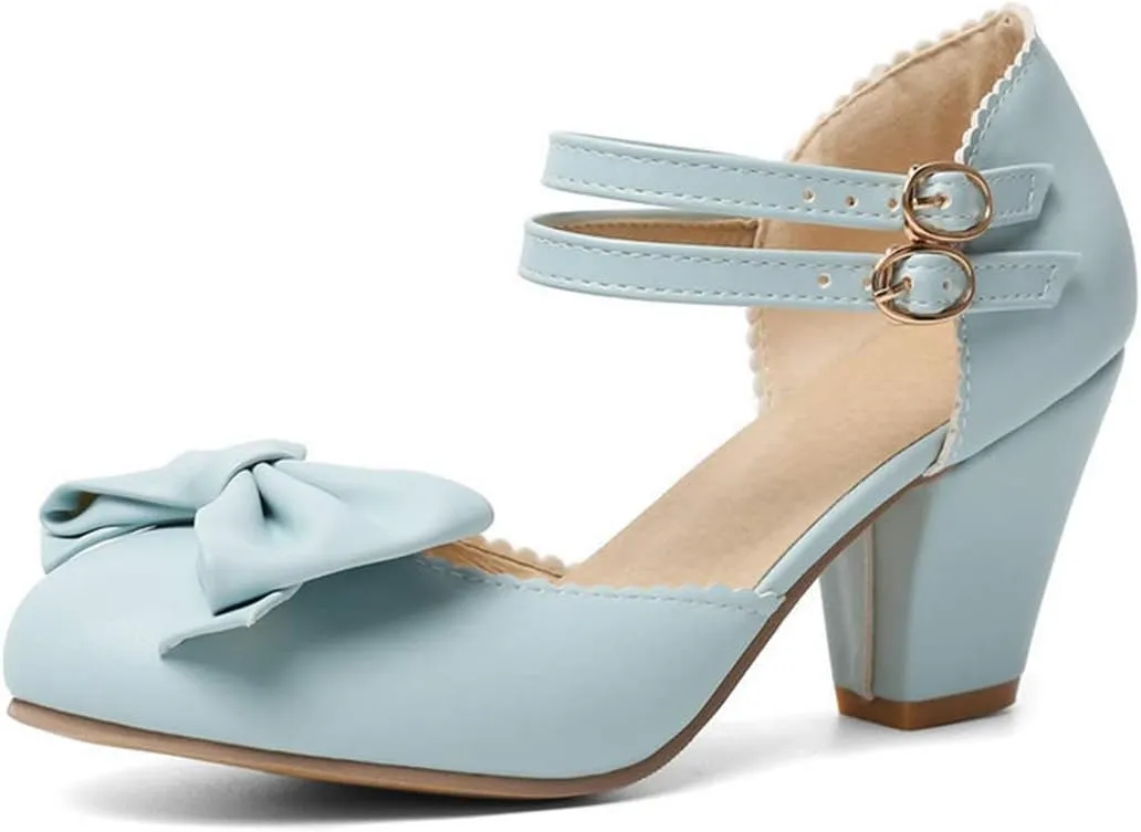VOKLIN Women's Girls Lolita Mary Jane Pumps Sweet Bow Ankle Strap Chunky Mid Heel Oxford Dress Sandal Shoes
