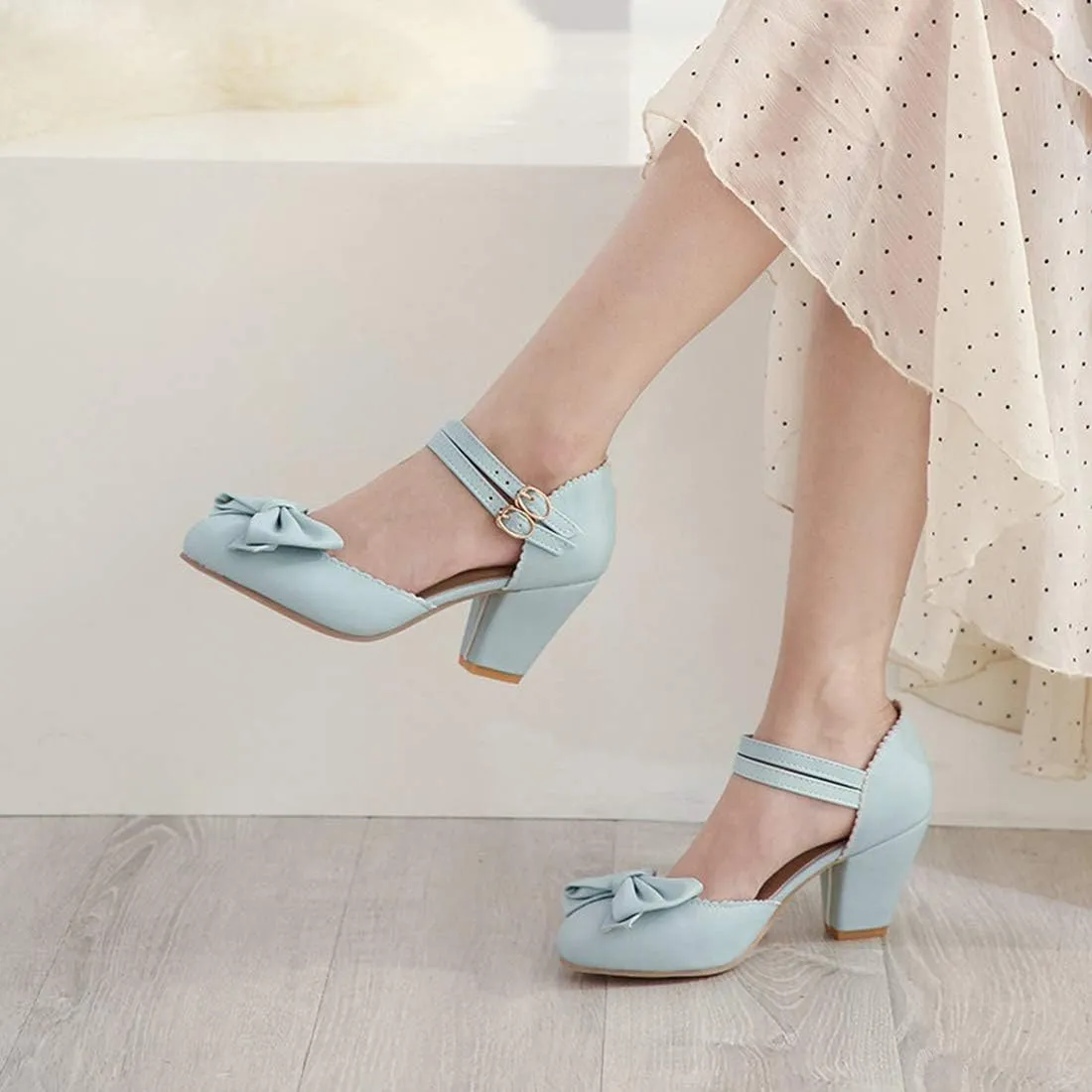 VOKLIN Women's Girls Lolita Mary Jane Pumps Sweet Bow Ankle Strap Chunky Mid Heel Oxford Dress Sandal Shoes