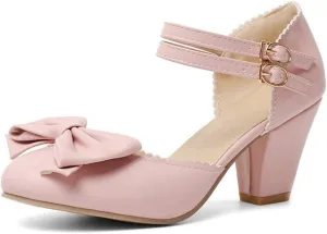 VOKLIN Women's Girls Lolita Mary Jane Pumps Sweet Bow Ankle Strap Chunky Mid Heel Oxford Dress Sandal Shoes